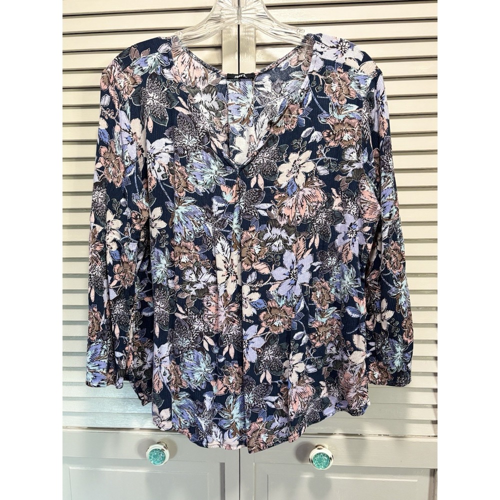 Mark Blouse Size L‎ (12-14) Blue/Pink Floral 3/4 Bell Sleeve Round Split Neck